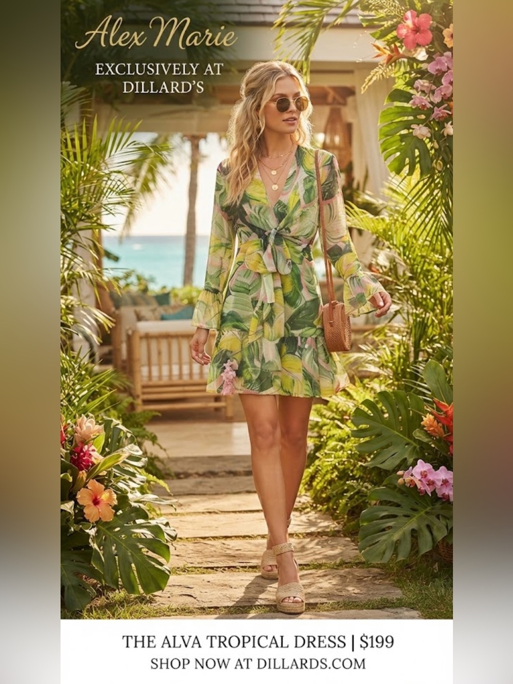 Like New ~ Alex Marie Green Tropical Leaf Tie-Front Mini Dress ~ Size 12